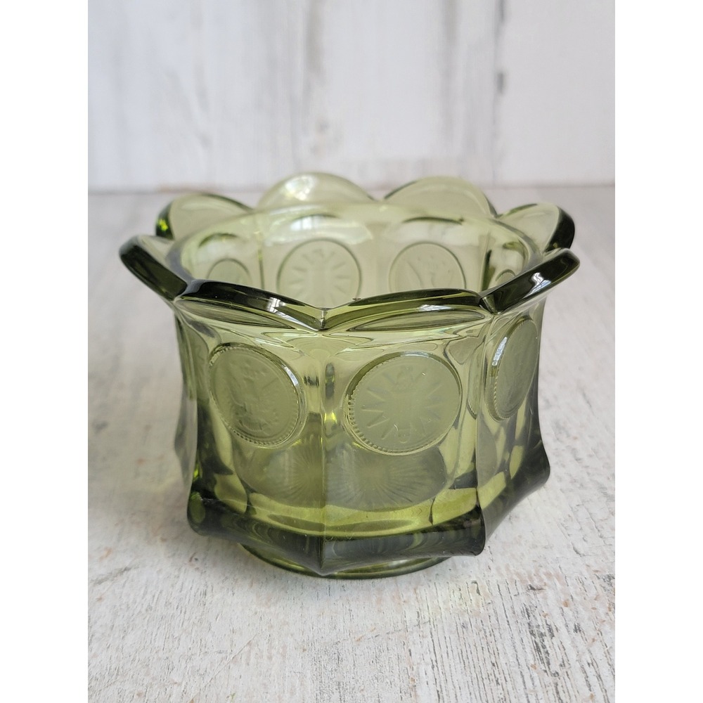 Vintage fostoria olive green American coin glass mini candle holder candy dish